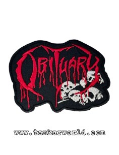 Parche Obituary - Logo Letras Rojas y Calaveras - 10,5 x 7,5 cm