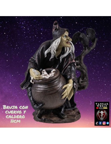 Bruja con Cuervo y Caldero - Figura resina - 11cm
