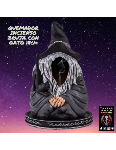 Quemador Incienso Bruja con Gato - Figura resina - 18cm