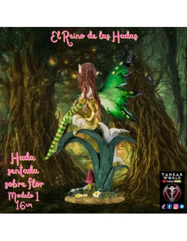 Hada sentada sobre flor - Figura de resina - 16 cm
