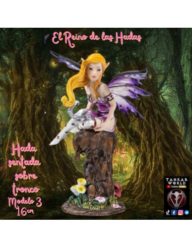 Hada sentada sobre tronco - Figura de resina - 16 cm