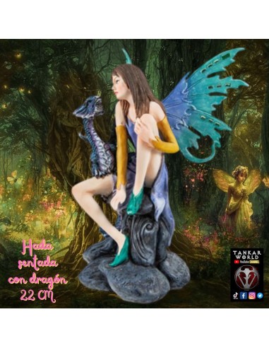 Hada sentada con dragón - Figura resina - 22 cm
