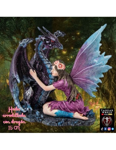 Hada arrodillada con dragón - Figura resina - 15 cm