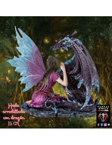 Hada arrodillada con dragón - Figura resina - 15 cm